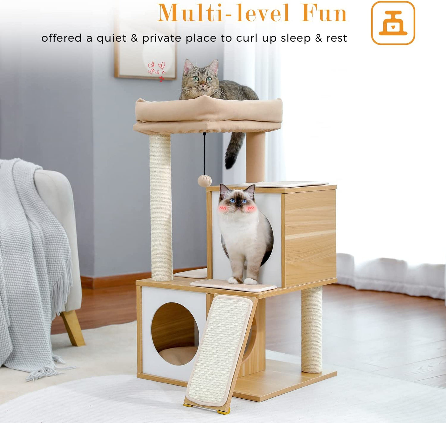 35-Inch Wooden Cat Tower with Double Condos, Spacious Perch, Fully Wrapped Sisal Scratching Posts, and Replaceable Dangling Balls - Walnut Finish