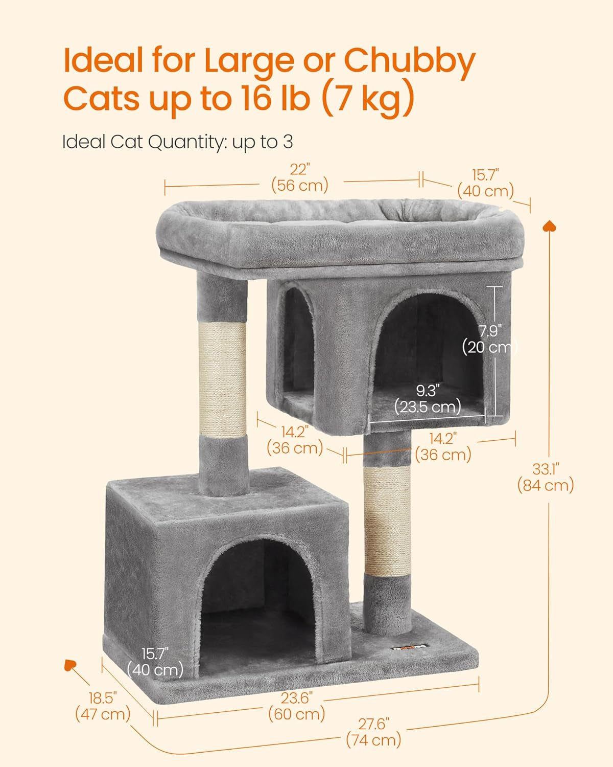 Cat Tree Tower, 33.1-Inch Plush Condo for Large Cats (up to 16 lbs), Featuring Spacious Perch, Dual Caves, Scratching Post - Light Gray UPCT61W