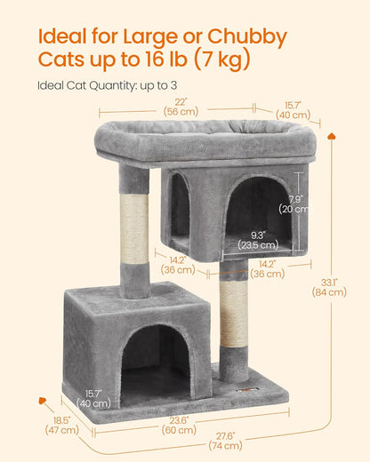 Cat Tree Tower, 33.1-Inch Plush Condo for Large Cats (up to 16 lbs), Featuring Spacious Perch, Dual Caves, Scratching Post - Light Gray UPCT61W