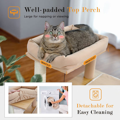 35-Inch Wooden Cat Tower with Double Condos, Spacious Perch, Fully Wrapped Sisal Scratching Posts, and Replaceable Dangling Balls - Walnut Finish