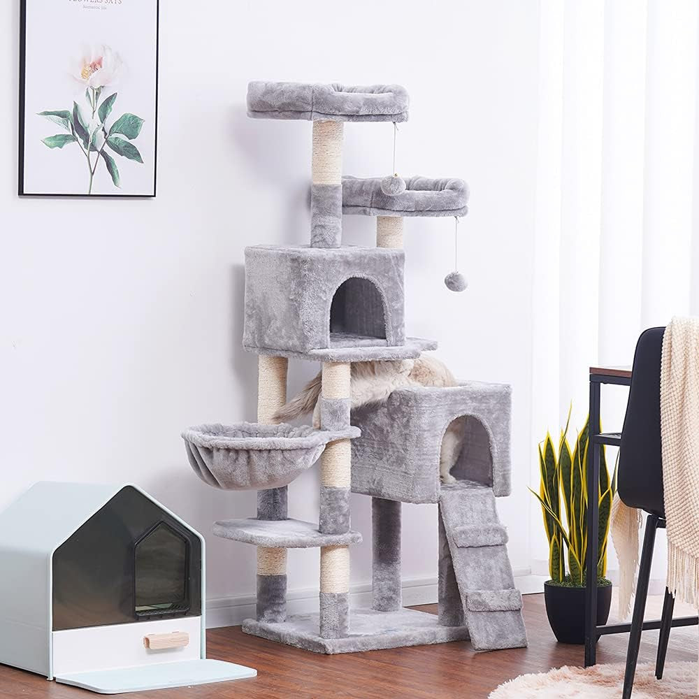 58-Inch Multi-Level Cat Tree with Sisal Scratching Posts, Two Plush Condos, and Hammock - Light Gray