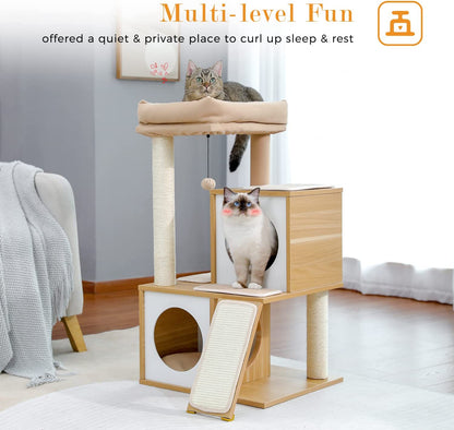 35-Inch Wooden Cat Tower with Double Condos, Spacious Perch, Fully Wrapped Sisal Scratching Posts, and Replaceable Dangling Balls - Walnut Finish