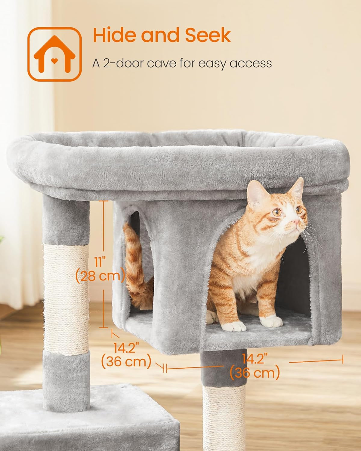 Cat Tree Tower, 33.1-Inch Plush Condo for Large Cats (up to 16 lbs), Featuring Spacious Perch, Dual Caves, Scratching Post - Light Gray UPCT61W