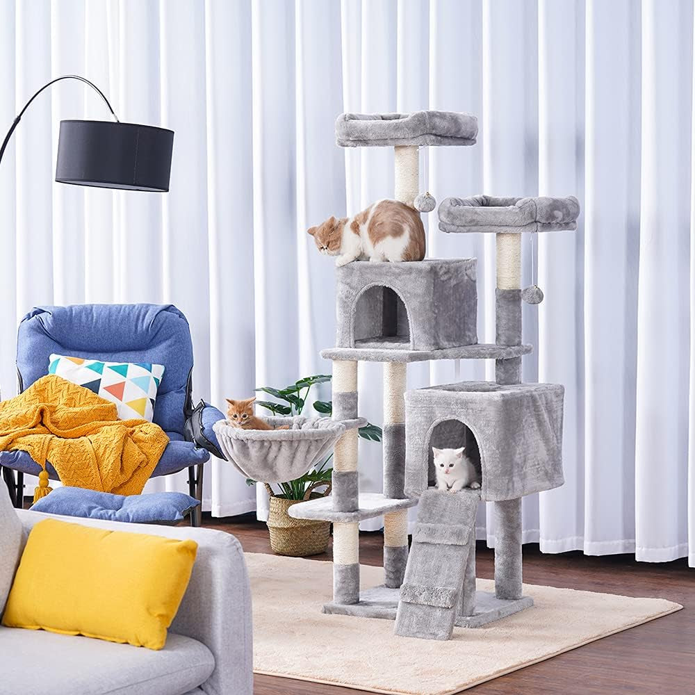 58-Inch Multi-Level Cat Tree with Sisal Scratching Posts, Two Plush Condos, and Hammock - Light Gray