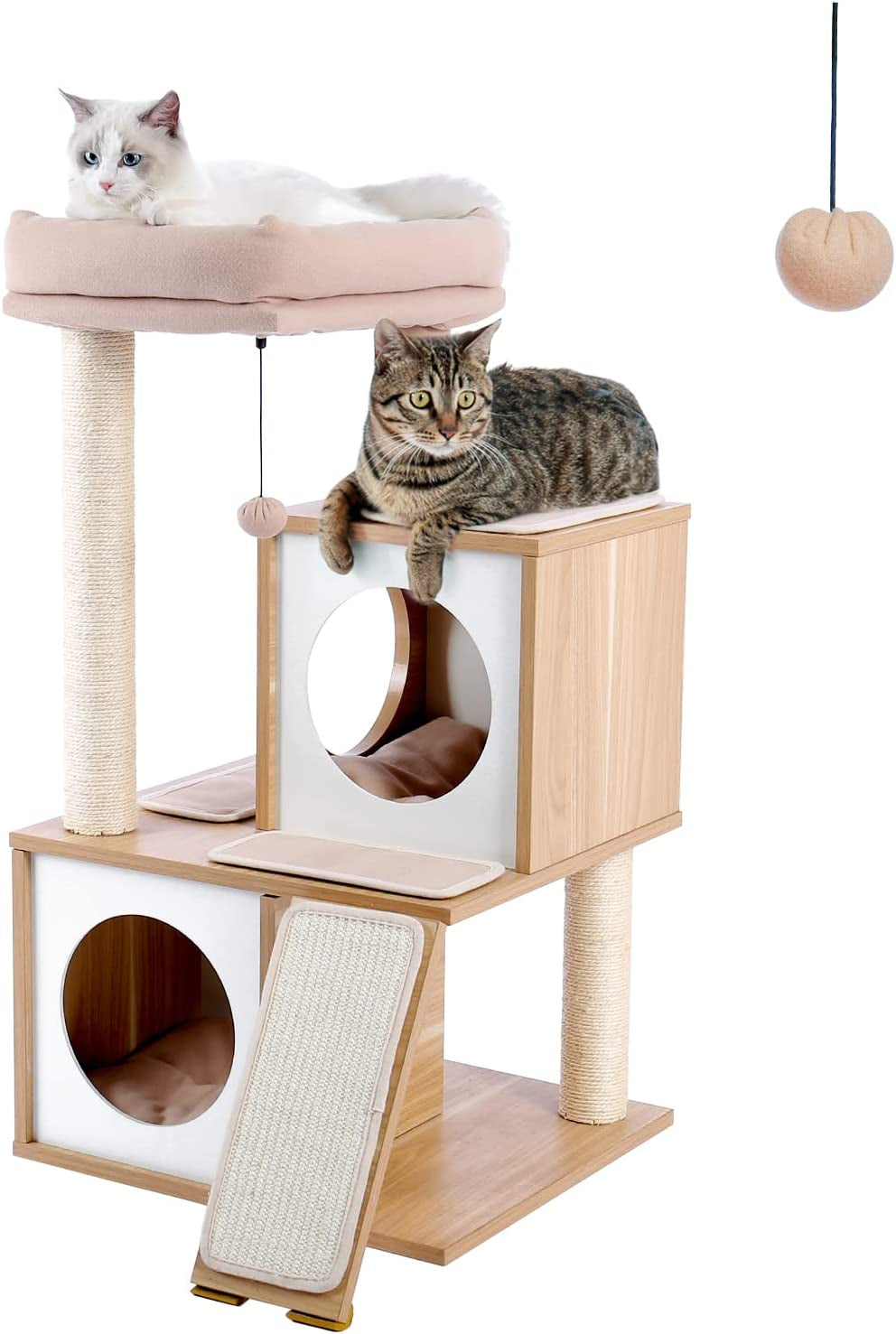 35-Inch Wooden Cat Tower with Double Condos, Spacious Perch, Fully Wrapped Sisal Scratching Posts, and Replaceable Dangling Balls - Walnut Finish