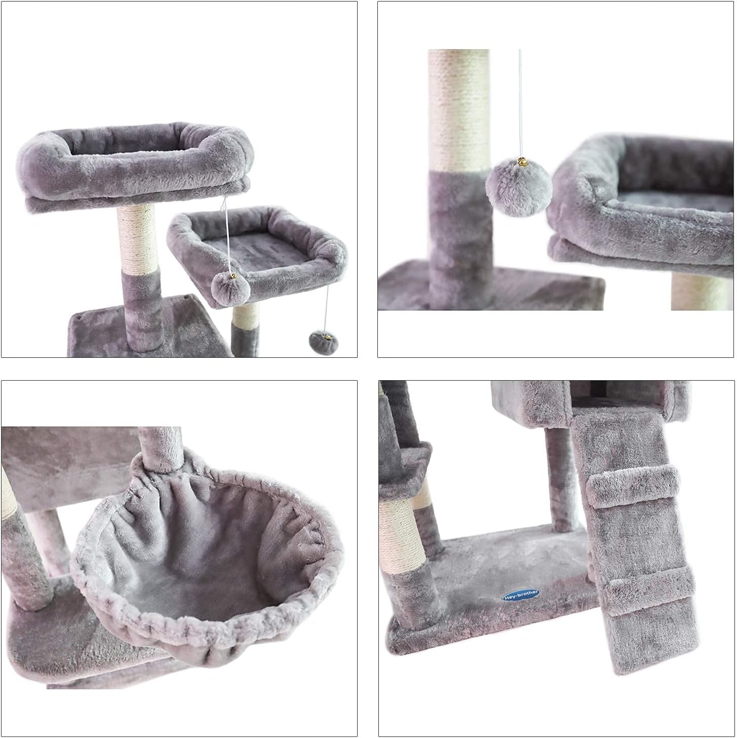 58-Inch Multi-Level Cat Tree with Sisal Scratching Posts, Two Plush Condos, and Hammock - Light Gray