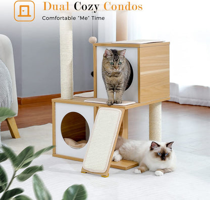 35-Inch Wooden Cat Tower with Double Condos, Spacious Perch, Fully Wrapped Sisal Scratching Posts, and Replaceable Dangling Balls - Walnut Finish