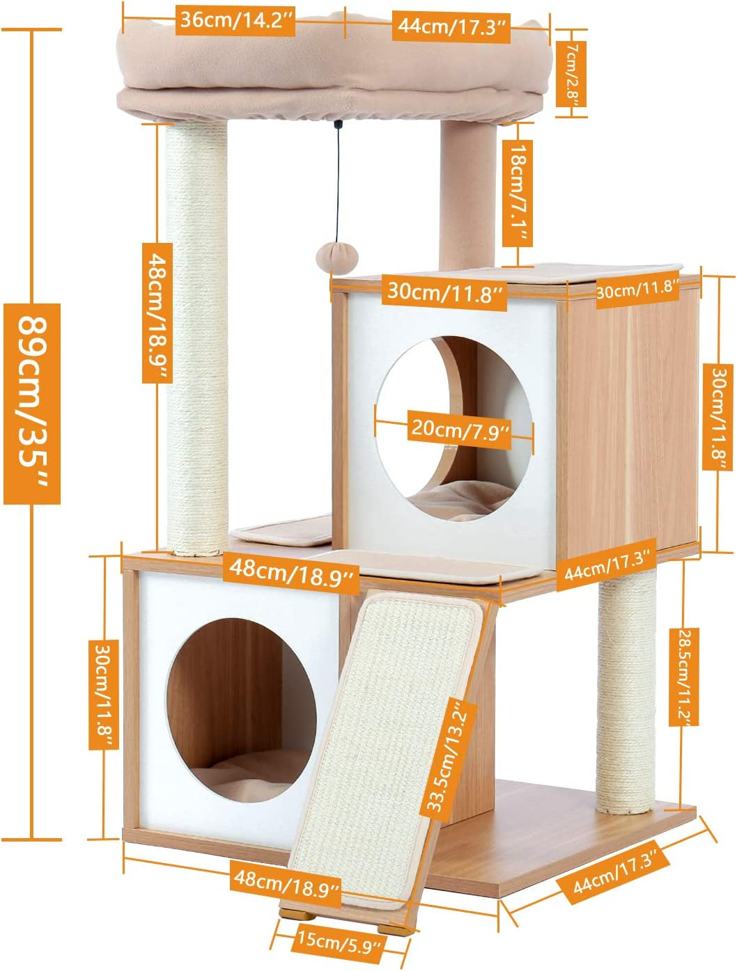 35-Inch Wooden Cat Tower with Double Condos, Spacious Perch, Fully Wrapped Sisal Scratching Posts, and Replaceable Dangling Balls - Walnut Finish