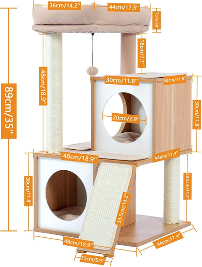 35-Inch Wooden Cat Tower with Double Condos, Spacious Perch, Fully Wrapped Sisal Scratching Posts, and Replaceable Dangling Balls - Walnut Finish