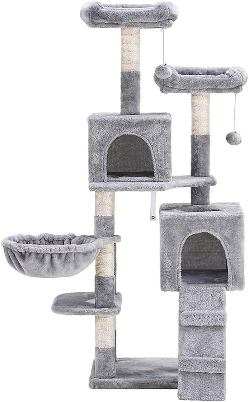 58-Inch Multi-Level Cat Tree with Sisal Scratching Posts, Two Plush Condos, and Hammock - Light Gray