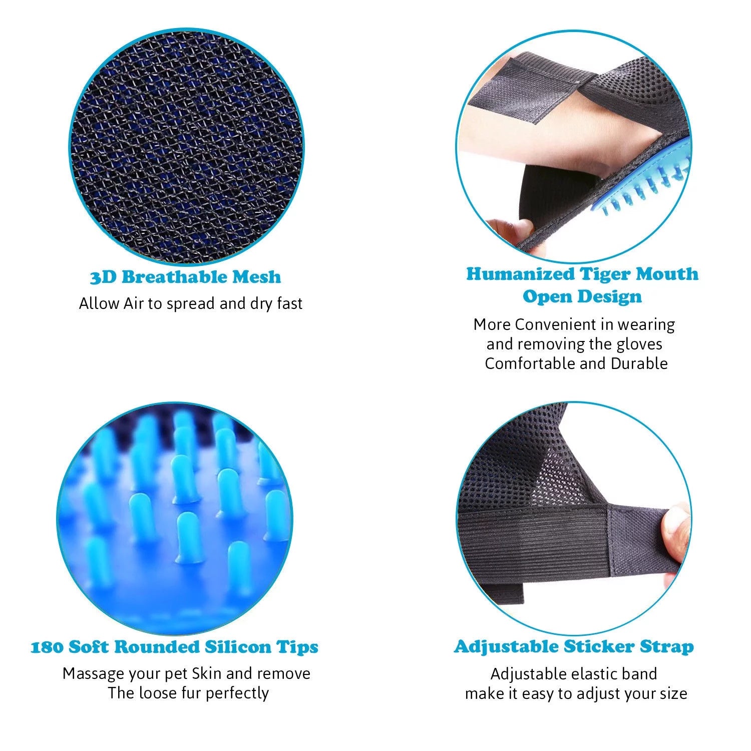 Professional Pet Grooming Gloves for Dogs and Cats - Hair Removal and Deshedding Mitts (1 Pair, Blue)
