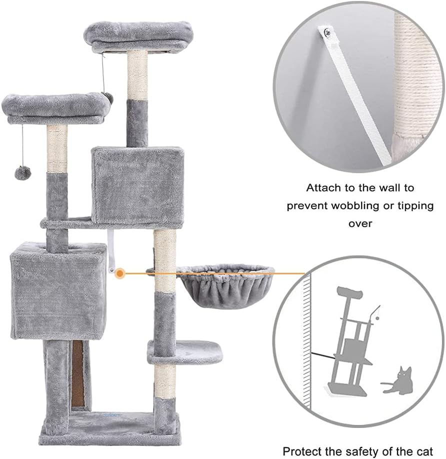 58-Inch Multi-Level Cat Tree with Sisal Scratching Posts, Two Plush Condos, and Hammock - Light Gray