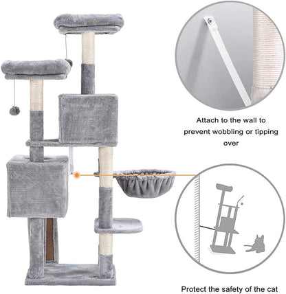 58-Inch Multi-Level Cat Tree with Sisal Scratching Posts, Two Plush Condos, and Hammock - Light Gray