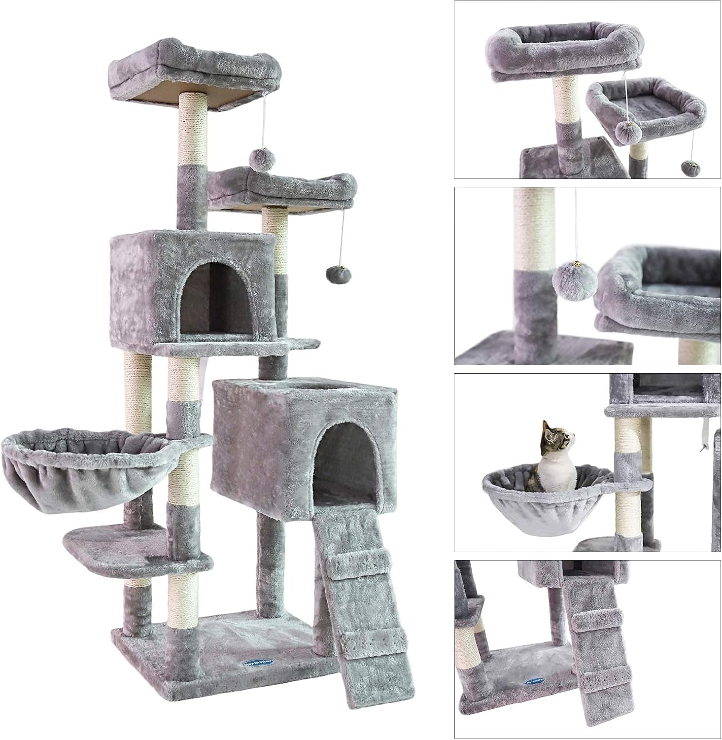 58-Inch Multi-Level Cat Tree with Sisal Scratching Posts, Two Plush Condos, and Hammock - Light Gray