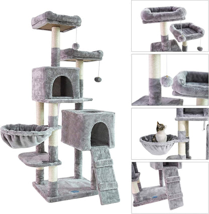 58-Inch Multi-Level Cat Tree with Sisal Scratching Posts, Two Plush Condos, and Hammock - Light Gray