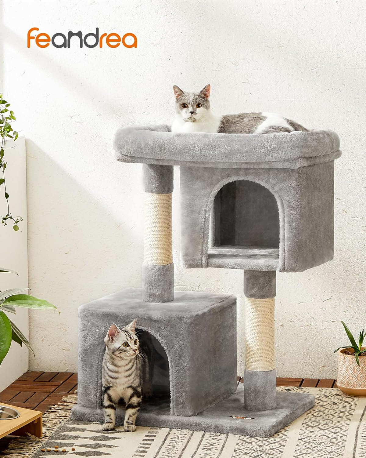 Cat Tree Tower, 33.1-Inch Plush Condo for Large Cats (up to 16 lbs), Featuring Spacious Perch, Dual Caves, Scratching Post - Light Gray UPCT61W