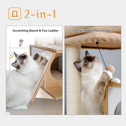 35-Inch Wooden Cat Tower with Double Condos, Spacious Perch, Fully Wrapped Sisal Scratching Posts, and Replaceable Dangling Balls - Walnut Finish