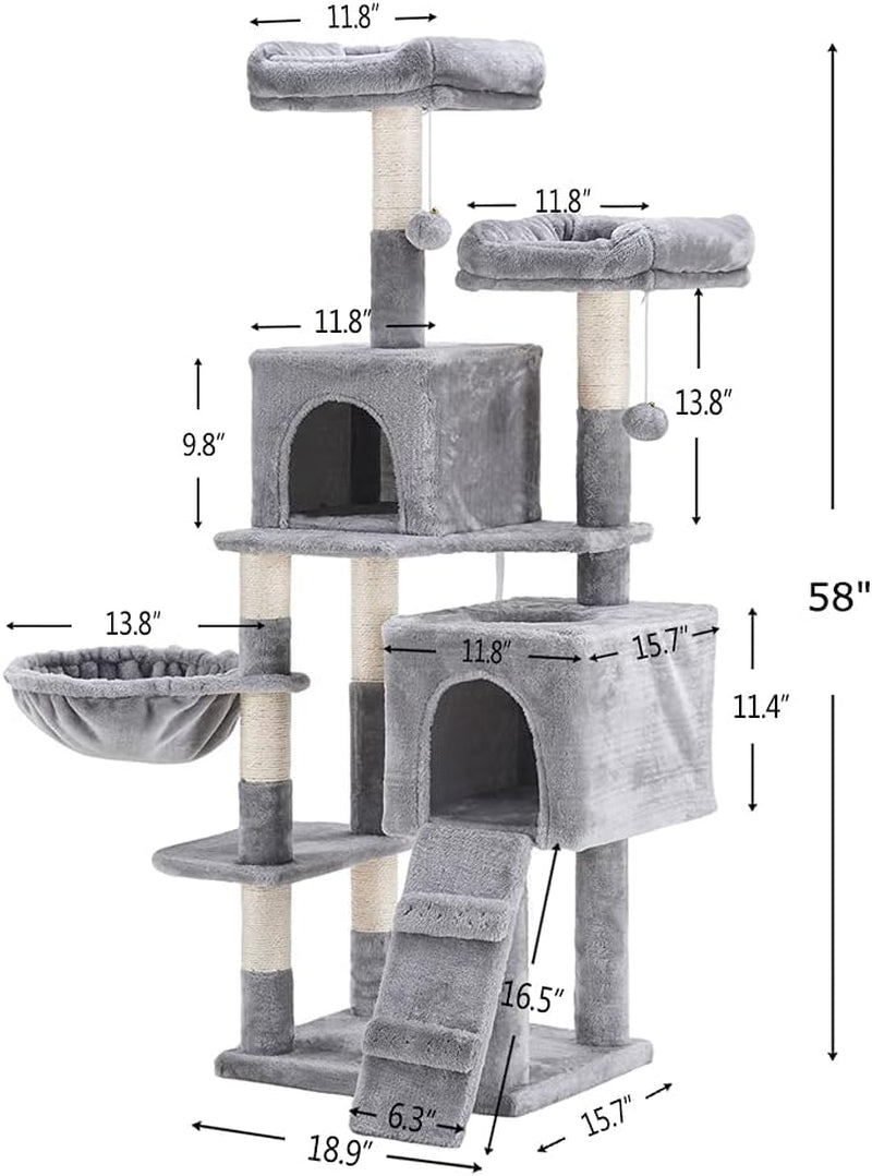 58-Inch Multi-Level Cat Tree with Sisal Scratching Posts, Two Plush Condos, and Hammock - Light Gray