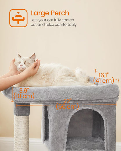 Cat Tree Tower, 33.1-Inch Plush Condo for Large Cats (up to 16 lbs), Featuring Spacious Perch, Dual Caves, Scratching Post - Light Gray UPCT61W