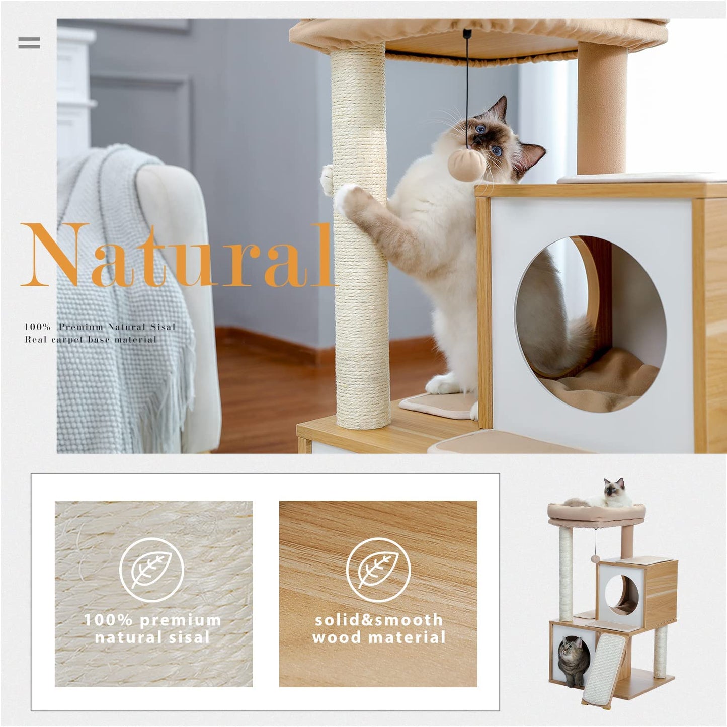 35-Inch Wooden Cat Tower with Double Condos, Spacious Perch, Fully Wrapped Sisal Scratching Posts, and Replaceable Dangling Balls - Walnut Finish