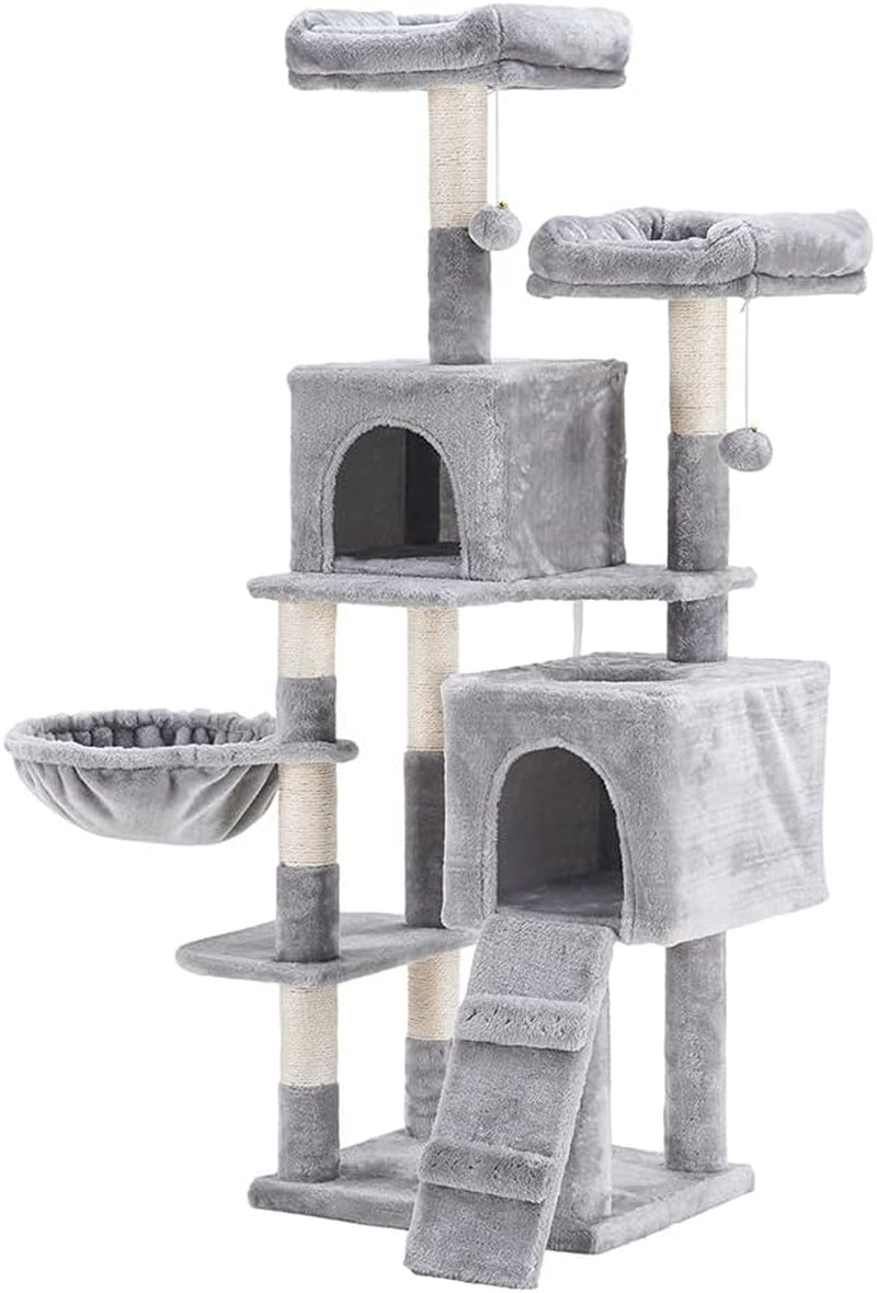 58-Inch Multi-Level Cat Tree with Sisal Scratching Posts, Two Plush Condos, and Hammock - Light Gray