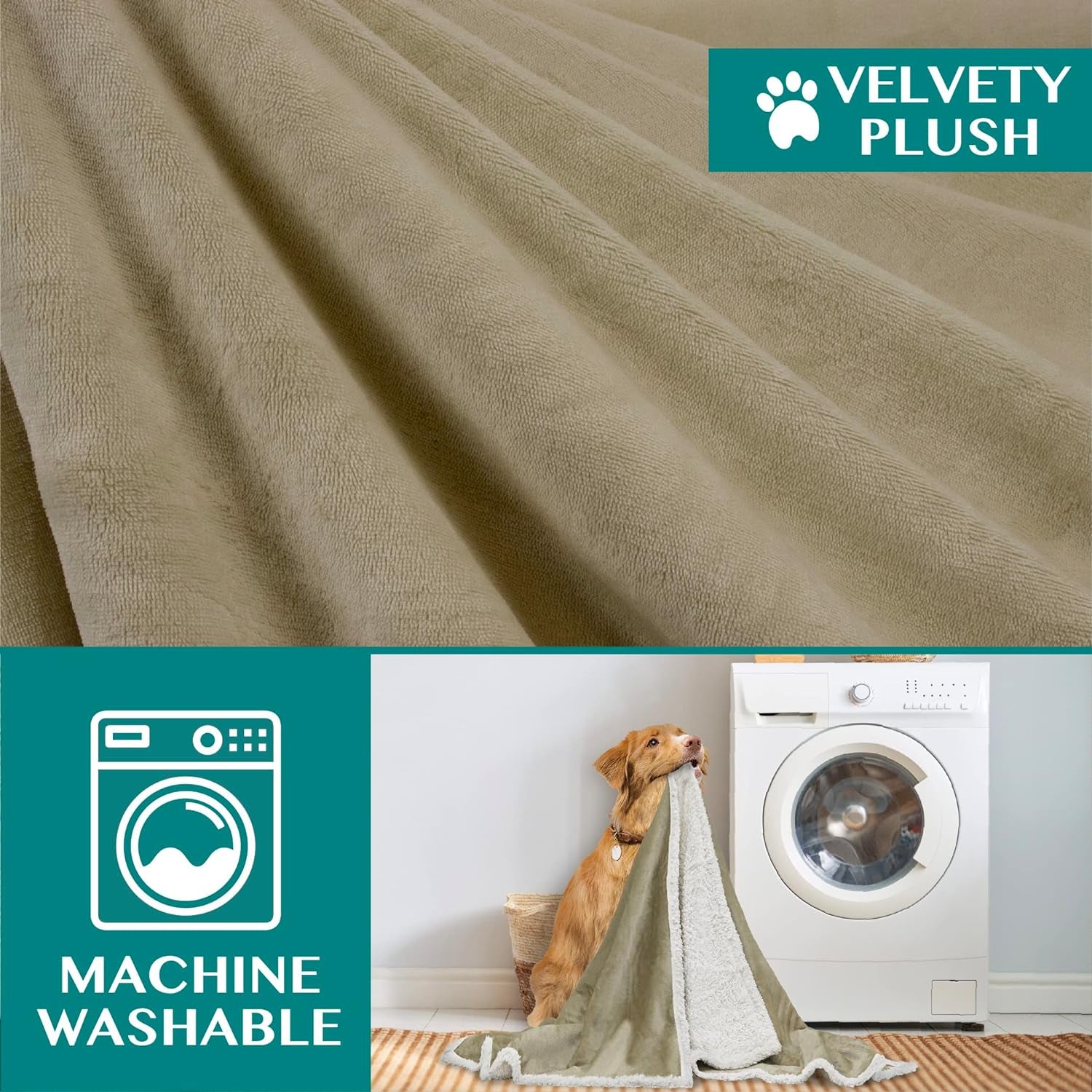 Extra Large Reversible Fleece Dog Blanket - Washable Sherpa Throw for Furniture, Sofa, Car, and Crate - Twin Size 60x80 in Taupe
