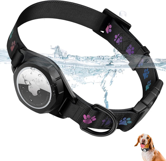 Airtag-Compatible Dog Collar with IP67 Waterproof and Reflective Features, Adjustable for Medium & Large Dogs, Twist-Lock Holder, Night Glow (Size M, 11.8"-15.9", Black)