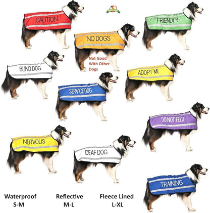 Premium Waterproof Reflective Fleece-Lined Dog Coat for Deaf Dogs - Available in Sizes S to XL, Prevents Accidents by Alerting Others (M-L Back Length 17" / 43 cm)