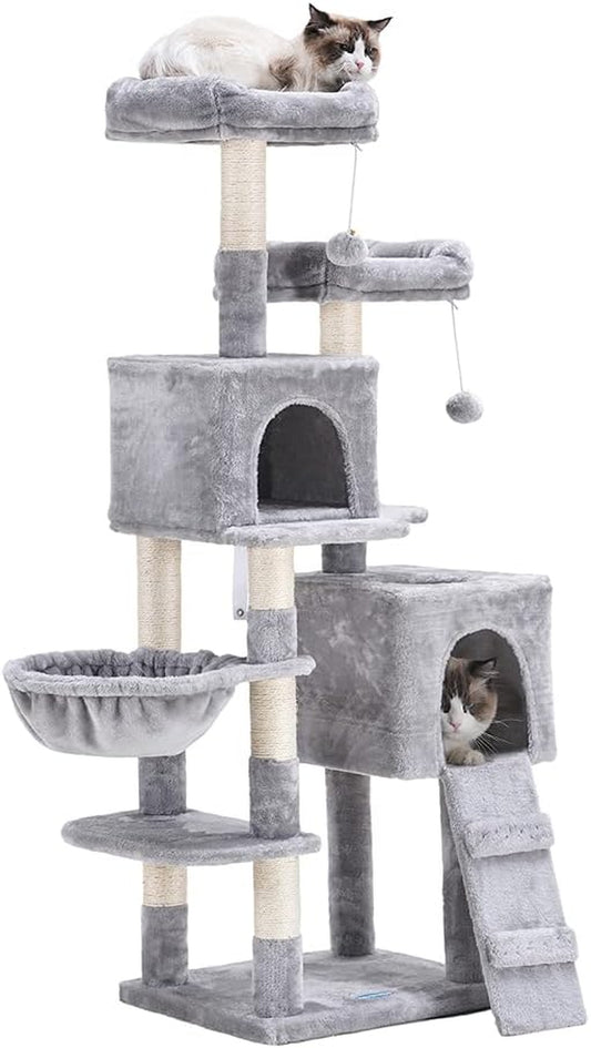 58-Inch Multi-Level Cat Tree with Sisal Scratching Posts, Two Plush Condos, and Hammock - Light Gray