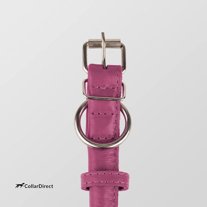 Handmade Soft Padded Rolled Leather Dog Collar for Small to Large Dogs and Cats, Available in Black, Pink, Red, Purple, and Blue (Total Length 9", Pink)