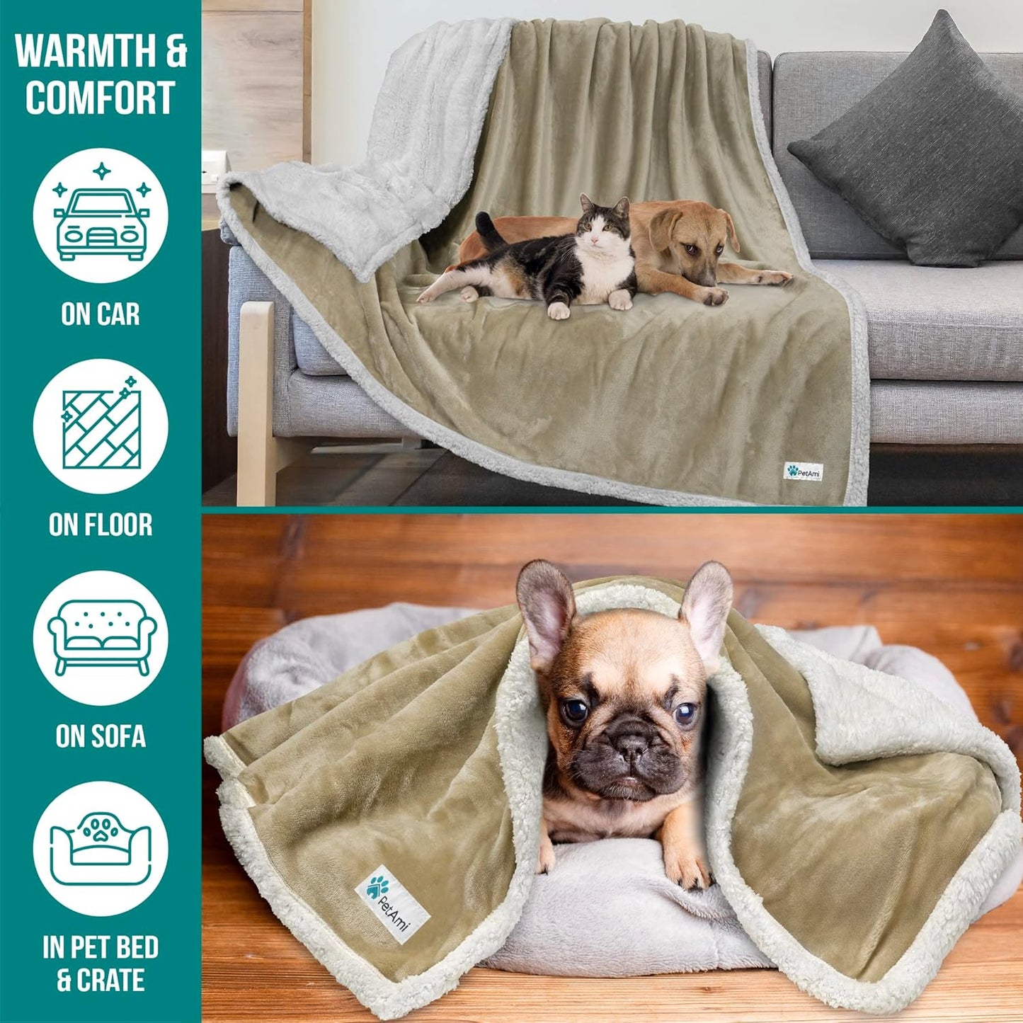 Extra Large Reversible Fleece Dog Blanket - Washable Sherpa Throw for Furniture, Sofa, Car, and Crate - Twin Size 60x80 in Taupe
