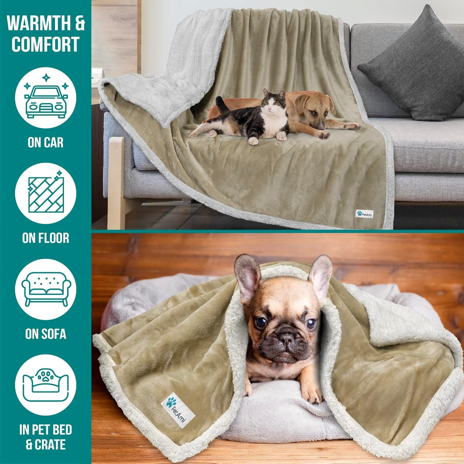 Extra Large Reversible Fleece Dog Blanket - Washable Sherpa Throw for Furniture, Sofa, Car, and Crate - Twin Size 60x80 in Taupe