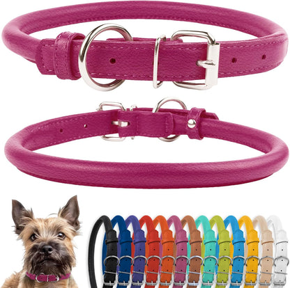 Handmade Soft Padded Rolled Leather Dog Collar for Small to Large Dogs and Cats, Available in Black, Pink, Red, Purple, and Blue (Total Length 9", Pink)